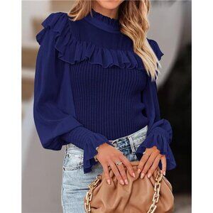 Blue Ribbed Knit Chiffon Ruffle Mesh Sheer‎ Long Puff Sleeve Sweater Top Blouse